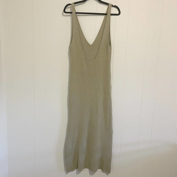 Free People Beach Daniela Ribbed Knit Midi Dress Size M Deep V Neck Beige Tan - Picture 4 of 13